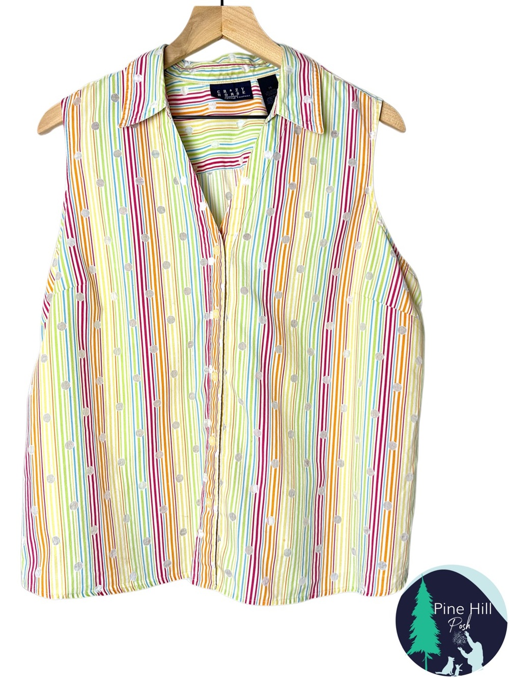 Crazy Horse Y2K Plus Size 18 Sleeveless Button-Up Shirt Rainbow Stripe Polka Dot